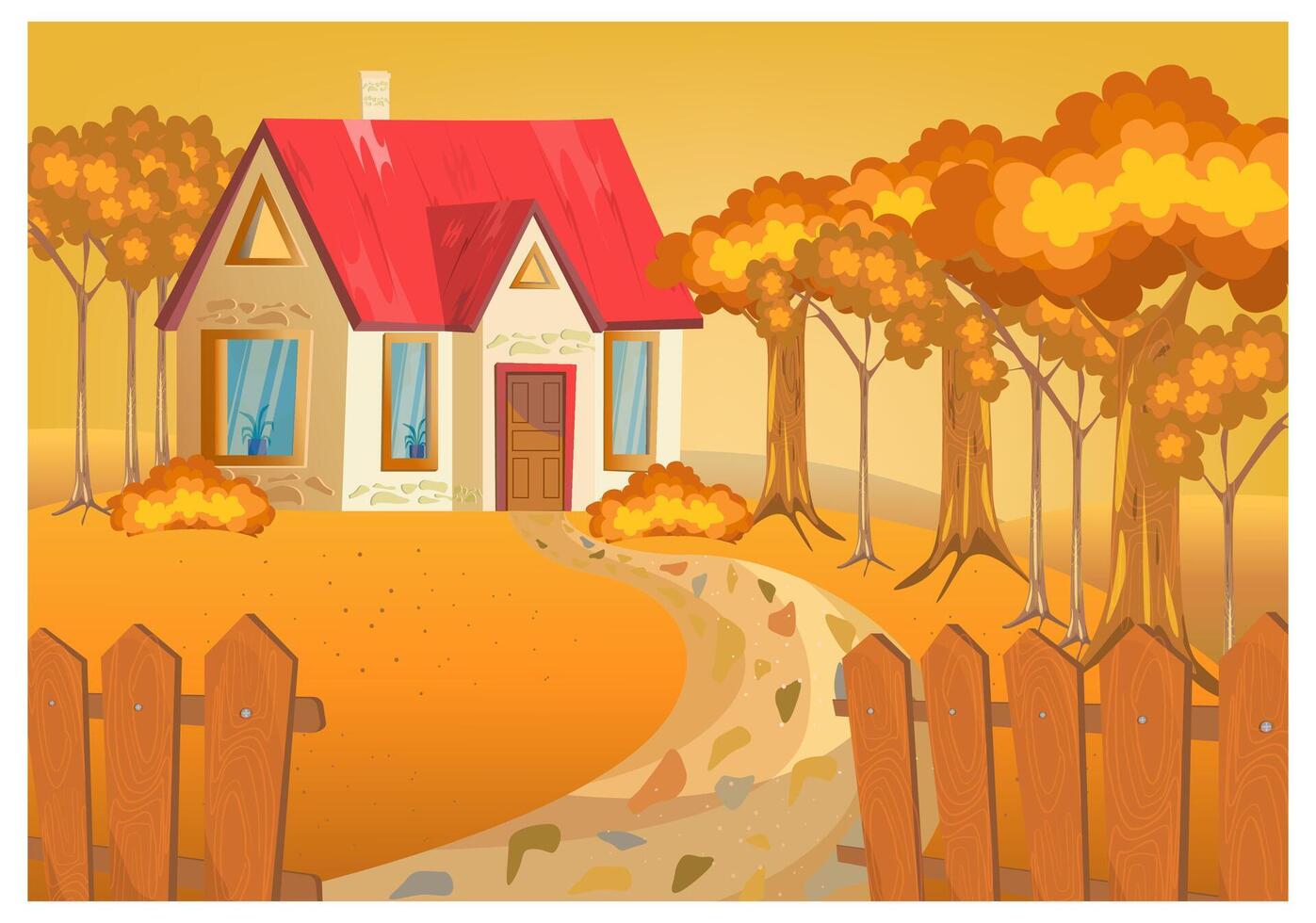 House in the countryside. Autumn Cottage among trees, clearing and wooden fence in the foreground. Cartoon horizontal illustration. Gold atmosphere vector