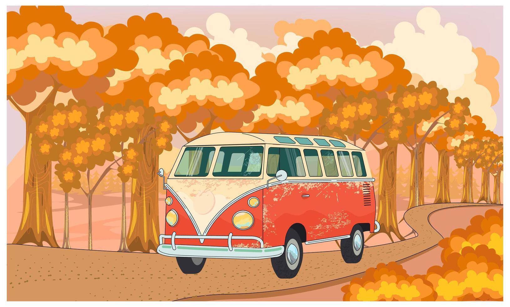 Red retro bus transport in autumn forest. Auto on road, adventure, hippie style concept outdoor background flat vertical illustration vector