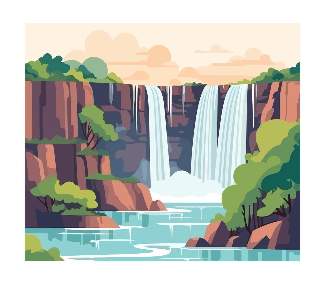 Mountain waterfall flowing ravine in sunset, design vector