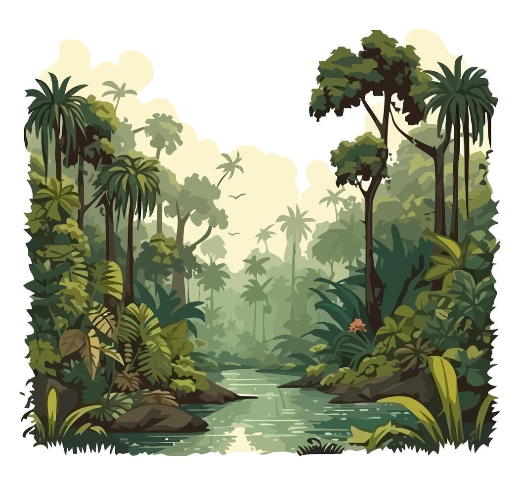 Forest landscape, trees and river scene, design vector