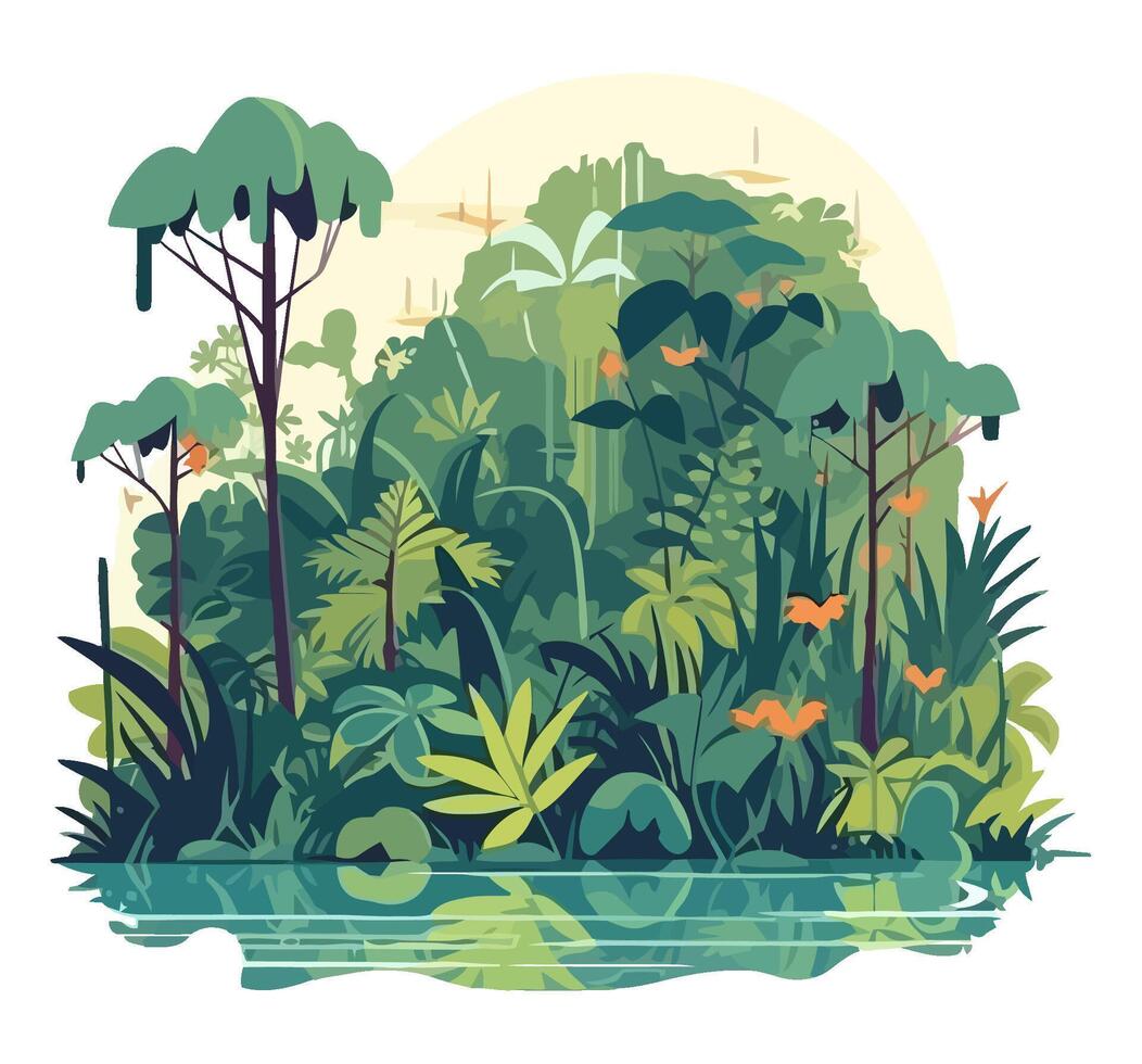 Jungle trees, river and greenery foliage, isolated vector