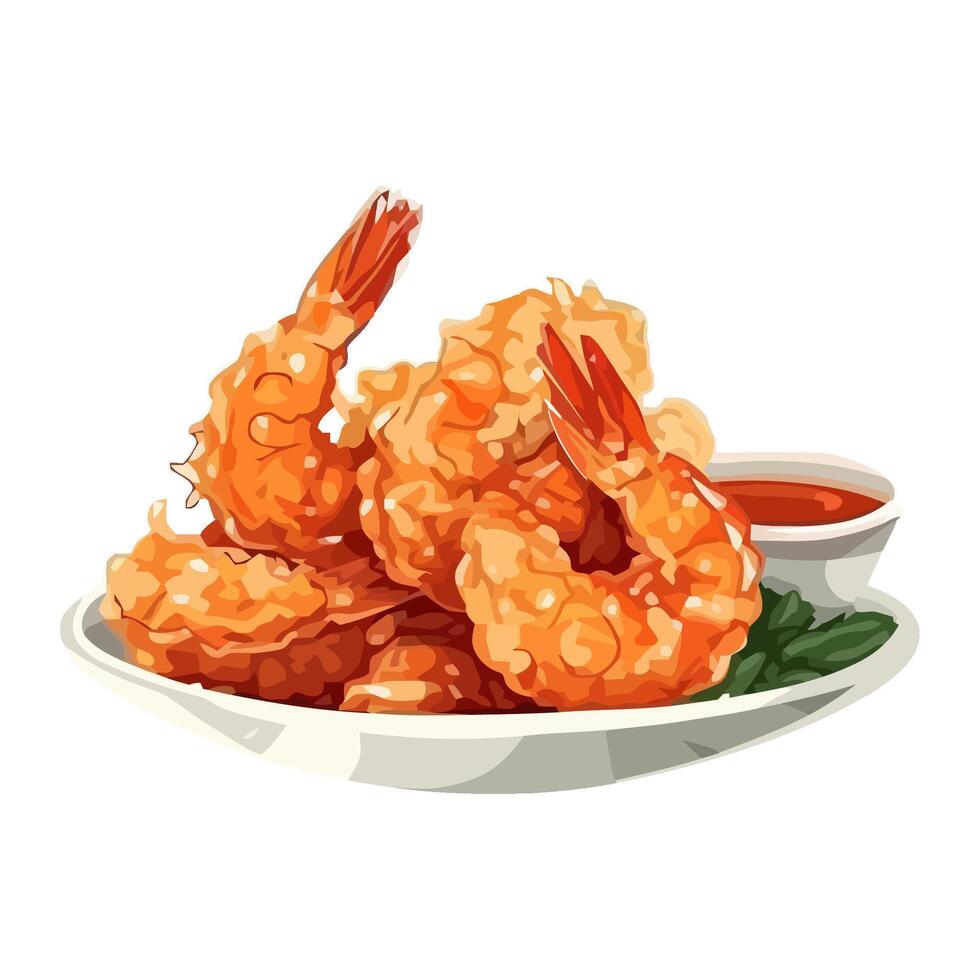 Fried prawn appetizer on gourmet seafood plate icon isolated vector