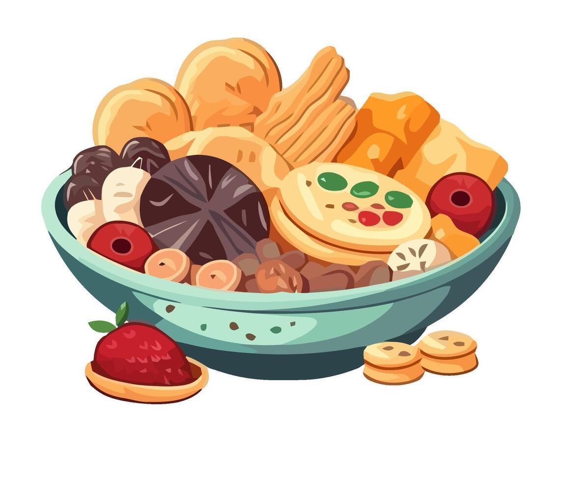 Fresh baked desserts in bowl icon isolated vector