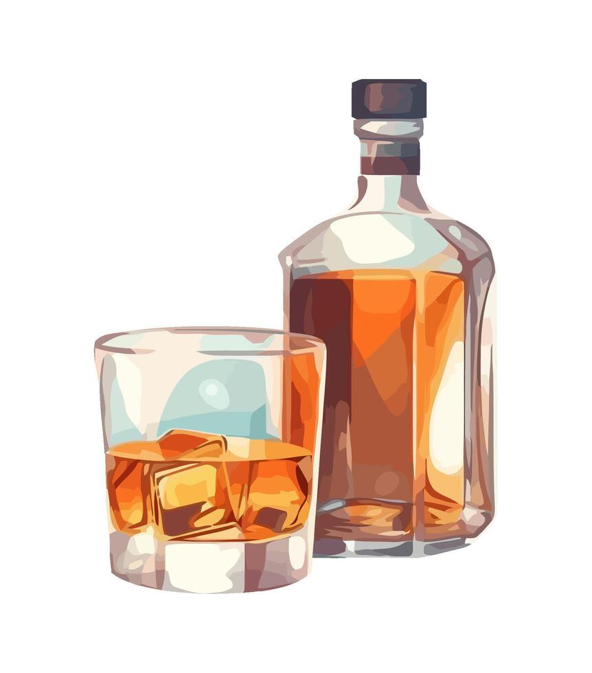 Whiskey bottle and glass on ice background icon isolated vector