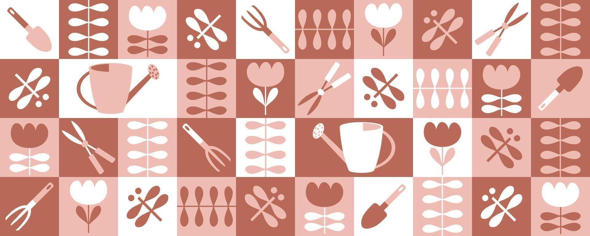 Checkered geometric horizontal banner with garden inventory and tulip flowers. Hand drawn agriculture design. vector