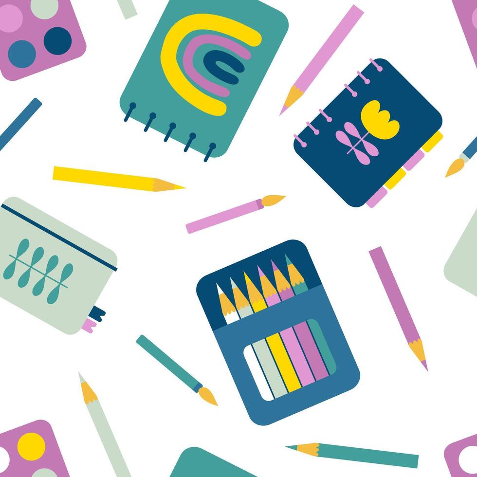Artist tools and art drawing supplies elements seamless pattern. Perfect print to fabric, textile, paper, card. Hand drawn illustration. vector