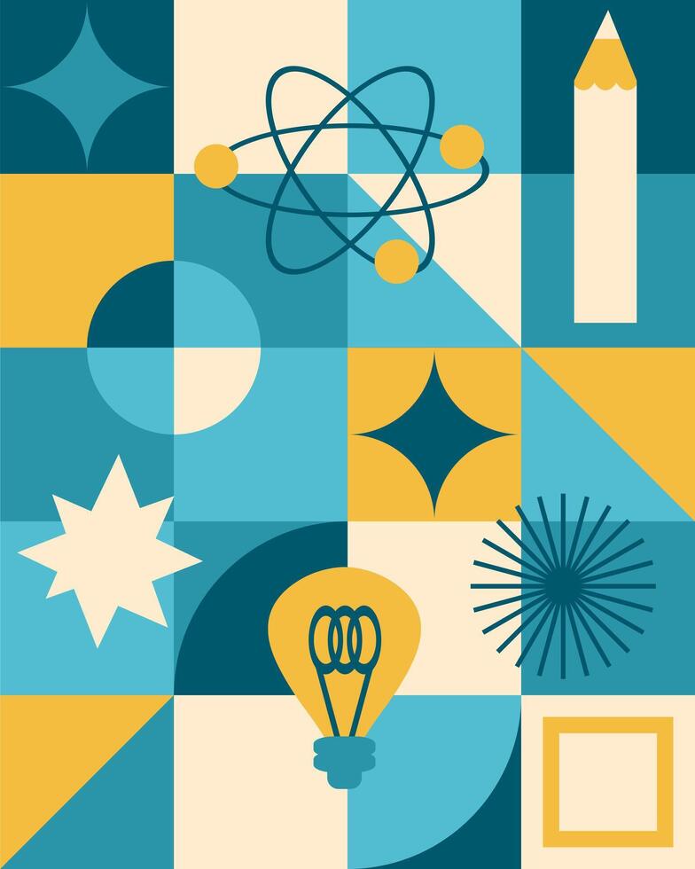 Checkered abstract vertical pattern with science physics chemistry concept. Perfect print to sticker, banner, T-shirt, card. Hand drawn illustration. vector