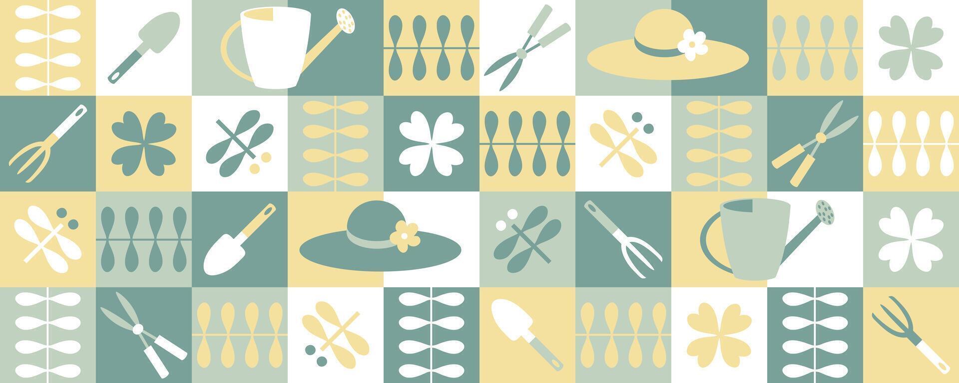 Checkered geometric horizontal banner with garden tools and dragonflies. Hand drawn summer design. vector