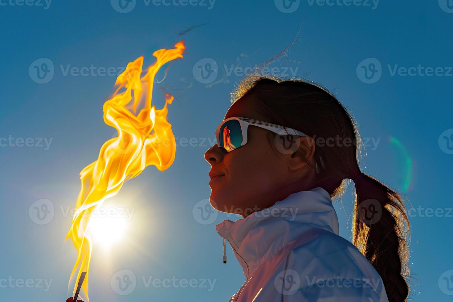A woman holding a torch in the sky photo