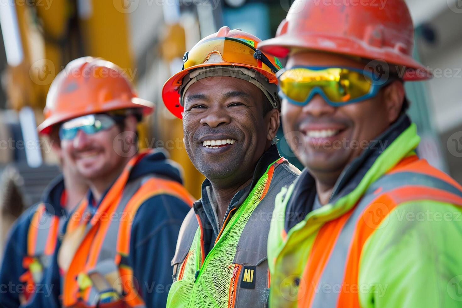 A group of construction workers are smiling and wearing orange vests photo