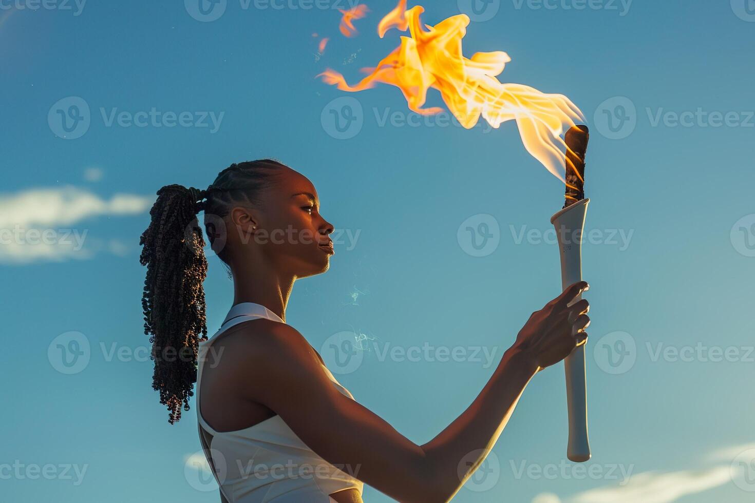 A woman holding a torch in the sky photo