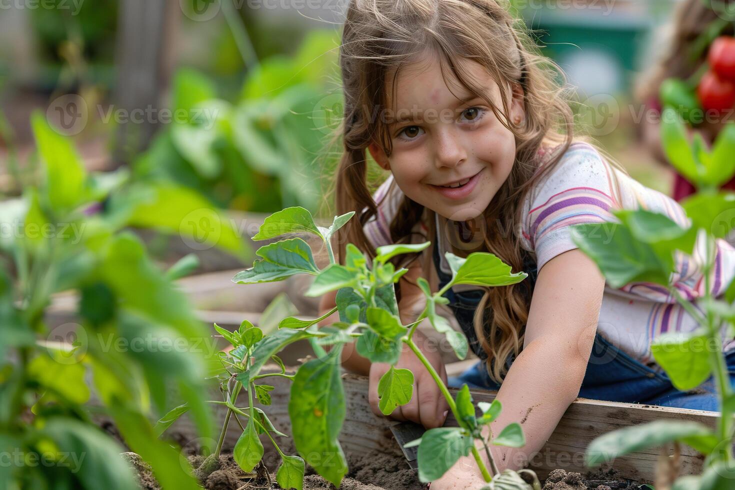 Two children are looking at plants in a garden photo