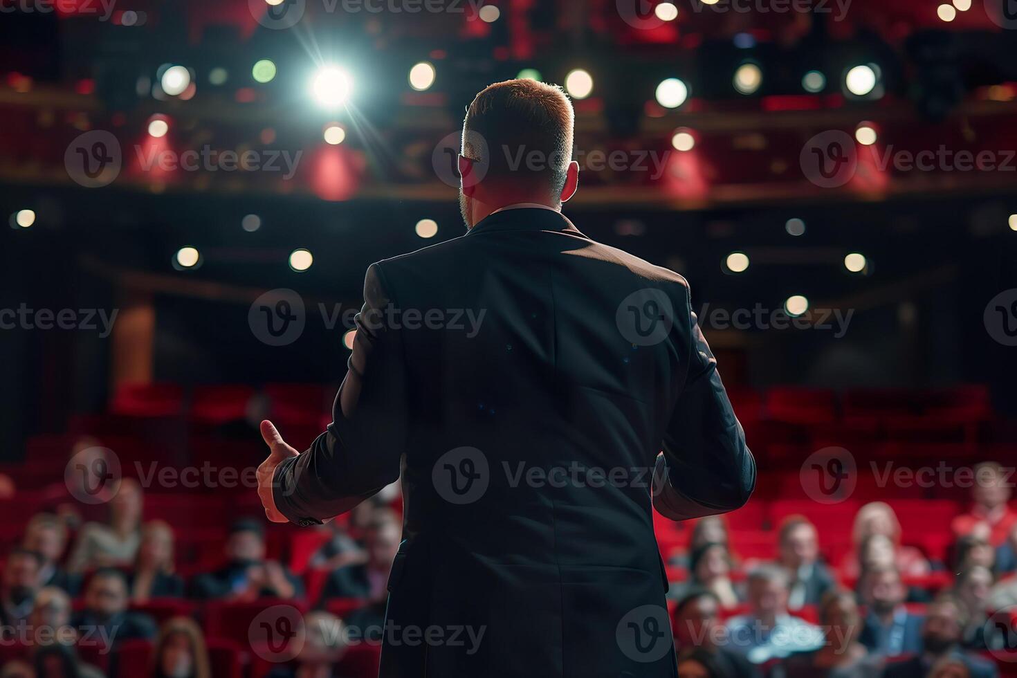 A man stands on stage in front of a crowd, giving a speech photo