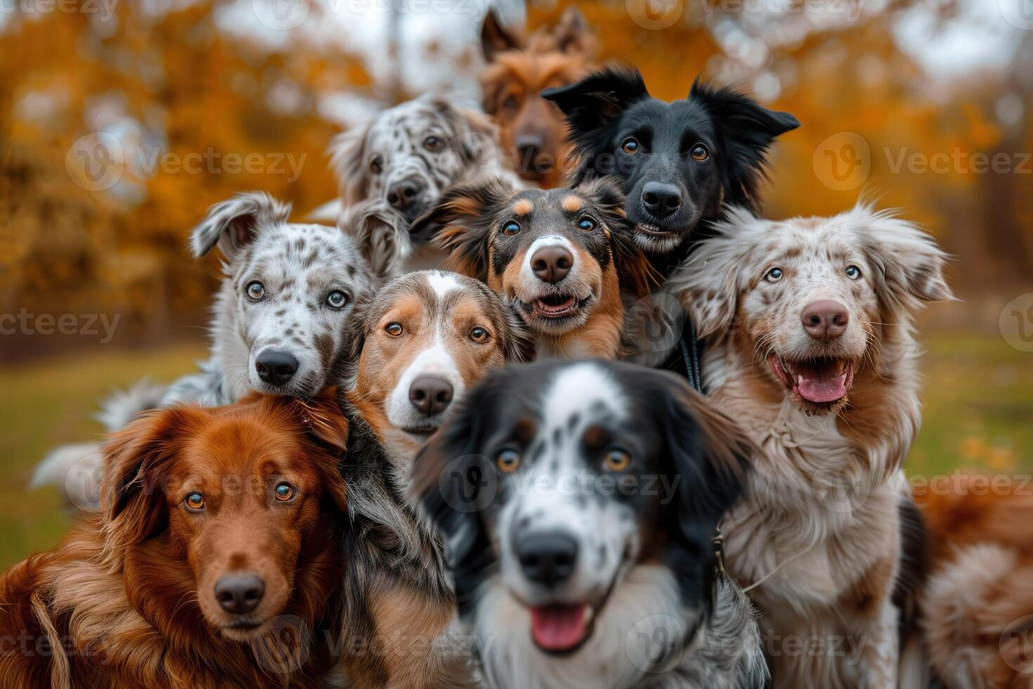 A group of dogs are smiling and looking at the camera photo
