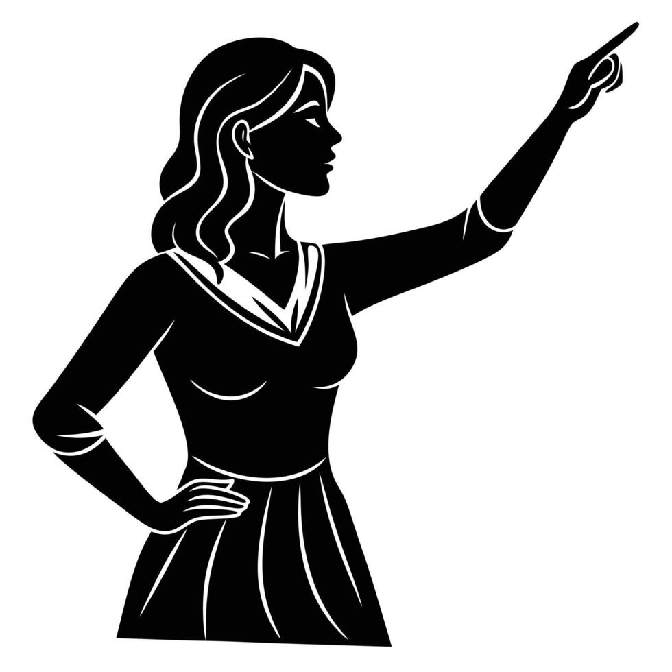 Black and white silhouette of a woman pointing finger up vector