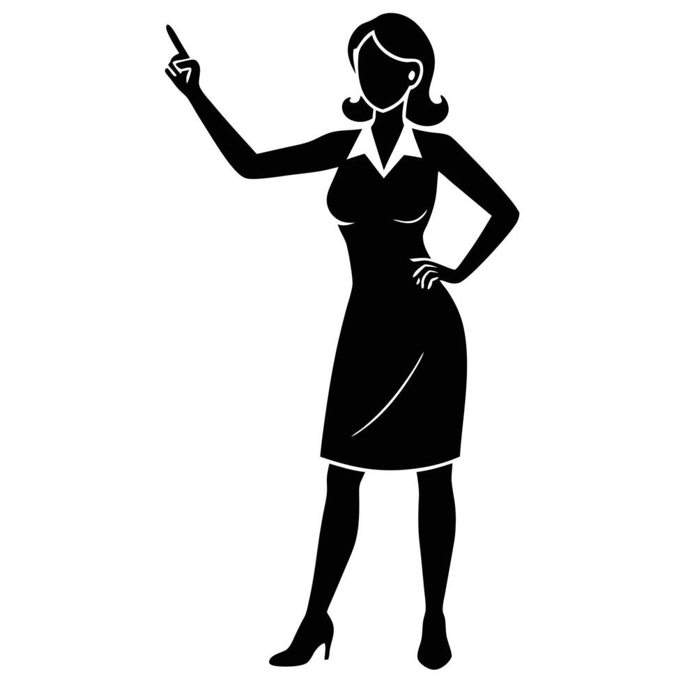Black and white silhouette of a woman pointing finger up vector