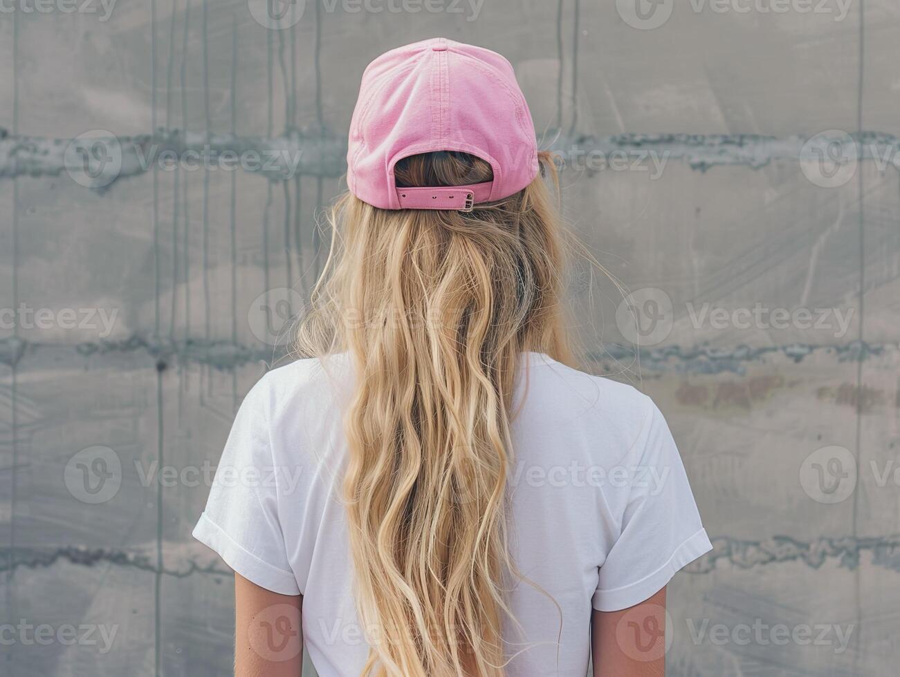 Back view of a woman wearing a pink baseball cap, long blonde hair and white t-shirt photo