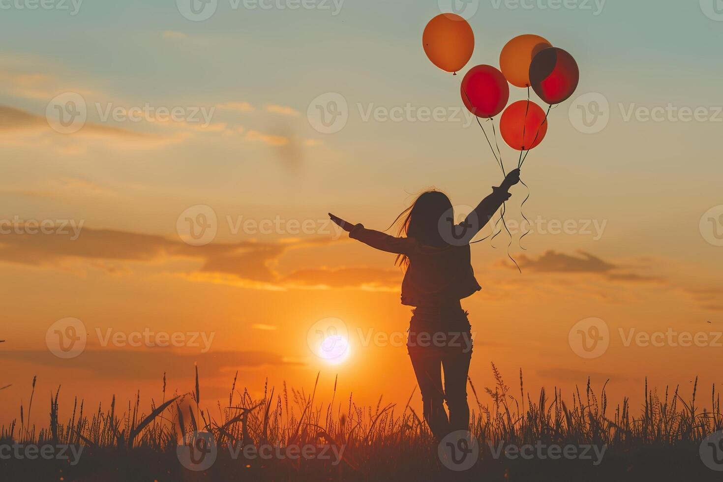 Back silhouette view of an happy young woman releasing balloons in the sky at sunset in summer background with copy space photo