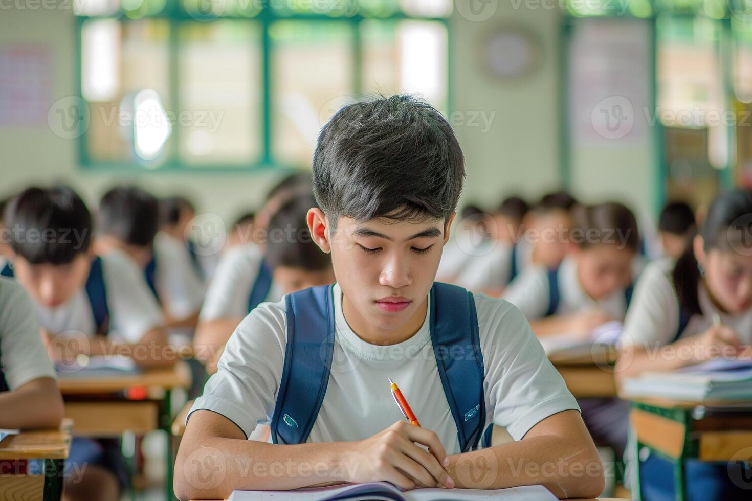 Asian boys students taking an exam in a classroom , examination test takers in a class in Asia photo