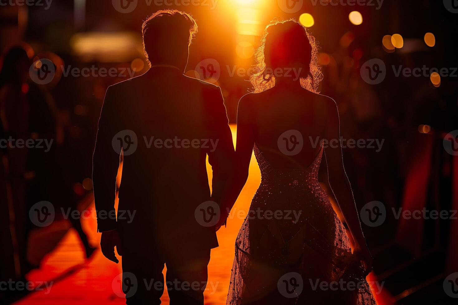 Back silhouette view of a couple of stars in gorgeous evening gowns and suit walking on the red carpet posing for awards ceremony. photo