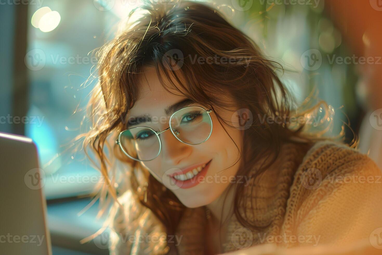 A woman with red hair and glasses is smiling at the camera photo