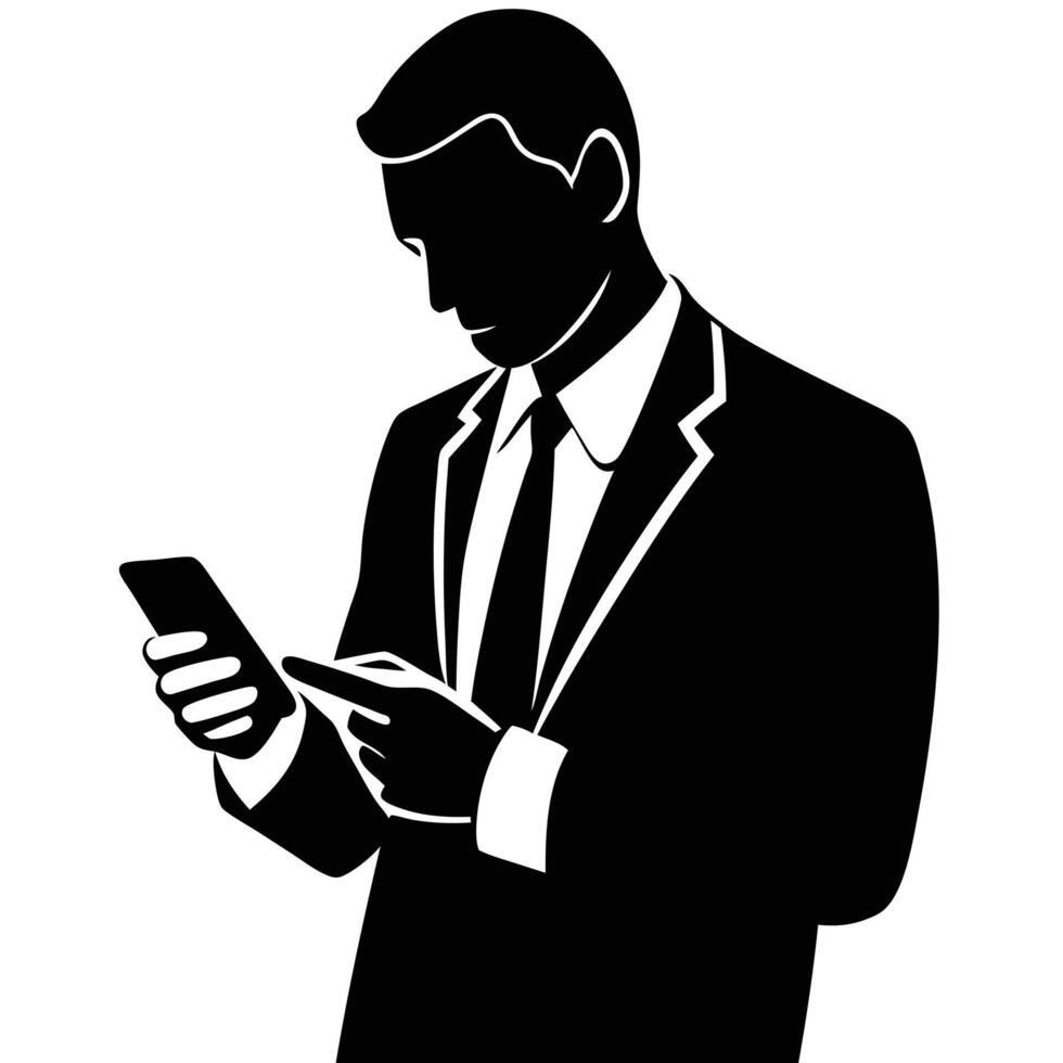 Business man browsing cell phone silhouette, white background vector