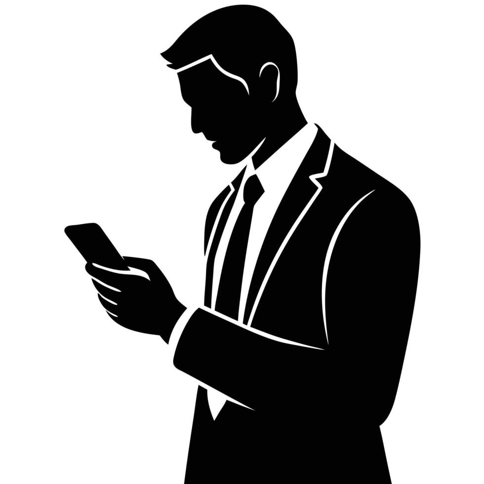 Business man browsing cell phone silhouette, white background vector