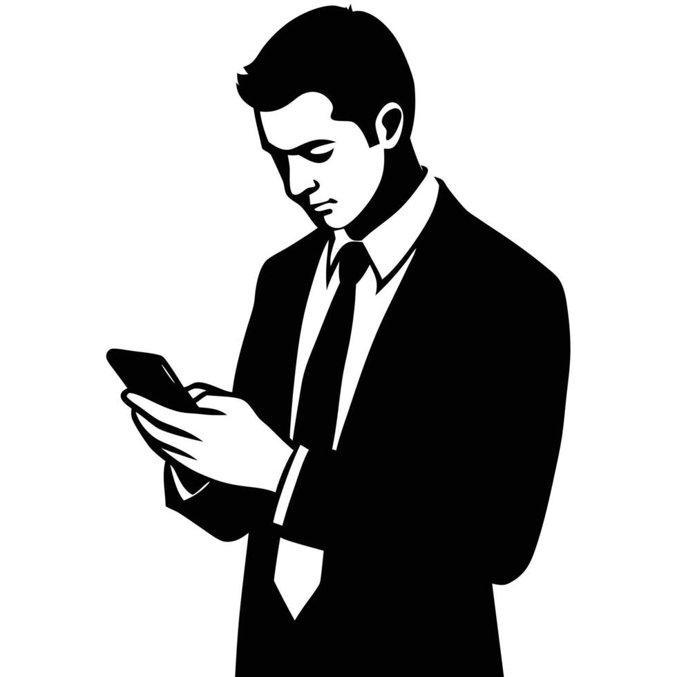 Business man browsing cell phone silhouette, white background vector