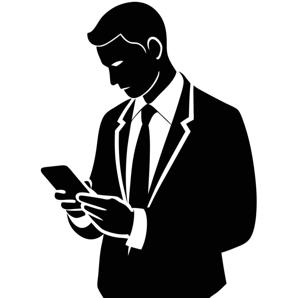 Business man browsing cell phone silhouette, white background vector