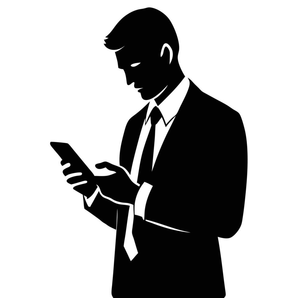 Business man browsing cell phone silhouette, white background vector
