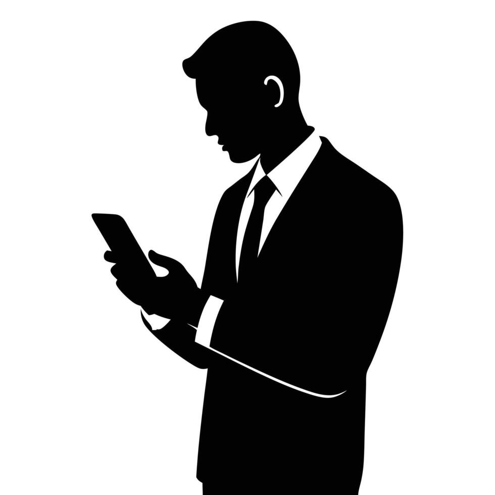 Business man browsing cell phone silhouette, white background vector