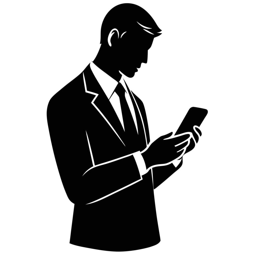 Business man browsing cell phone silhouette, white background vector