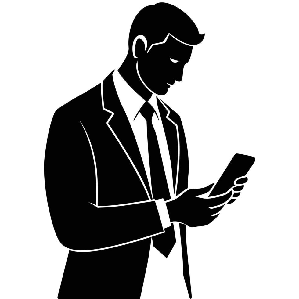 Business man browsing cell phone silhouette, white background vector