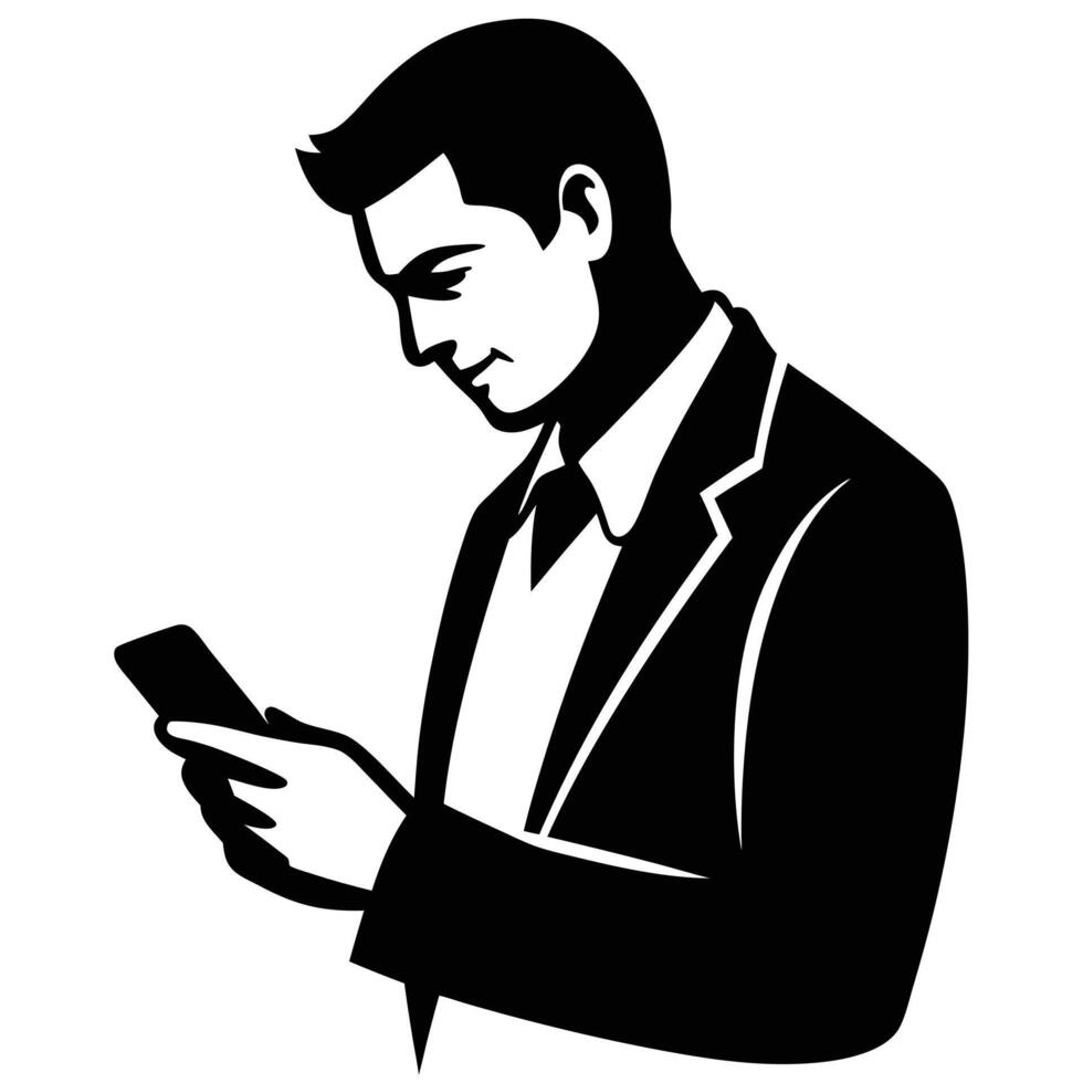 Business man browsing cell phone silhouette, white background vector