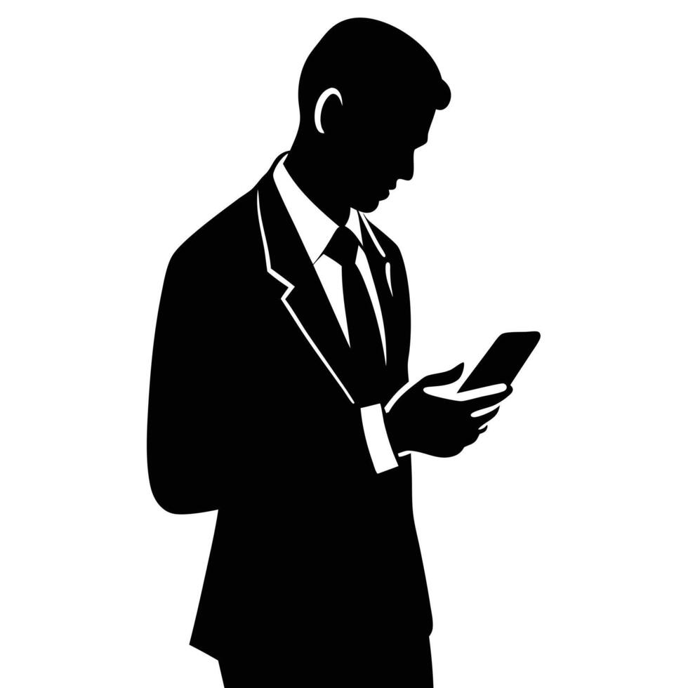 Business man browsing cell phone silhouette, white background vector
