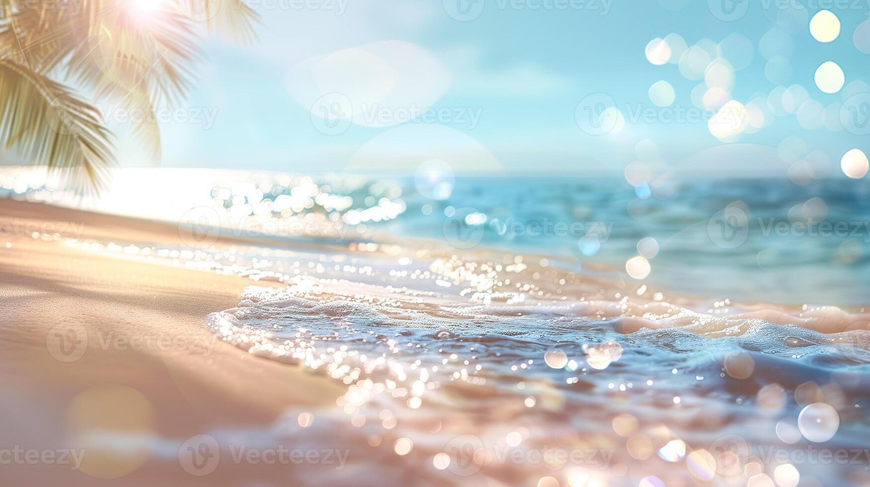 A beautiful beach scene with a palm tree in the background photo
