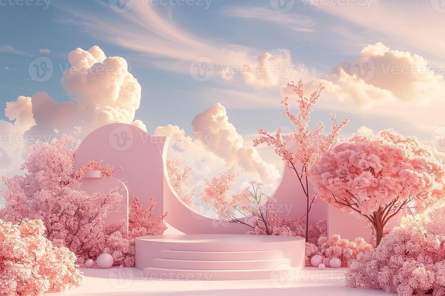 3d render of Beauty podium with Very Peri color of the year 2022 design for product presentation and advertising. Minimal pastel sky and Dreamy land scene. Romance concept photo