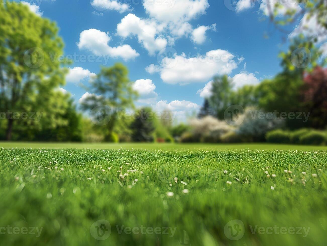 A lush green field with a few trees in the background photo