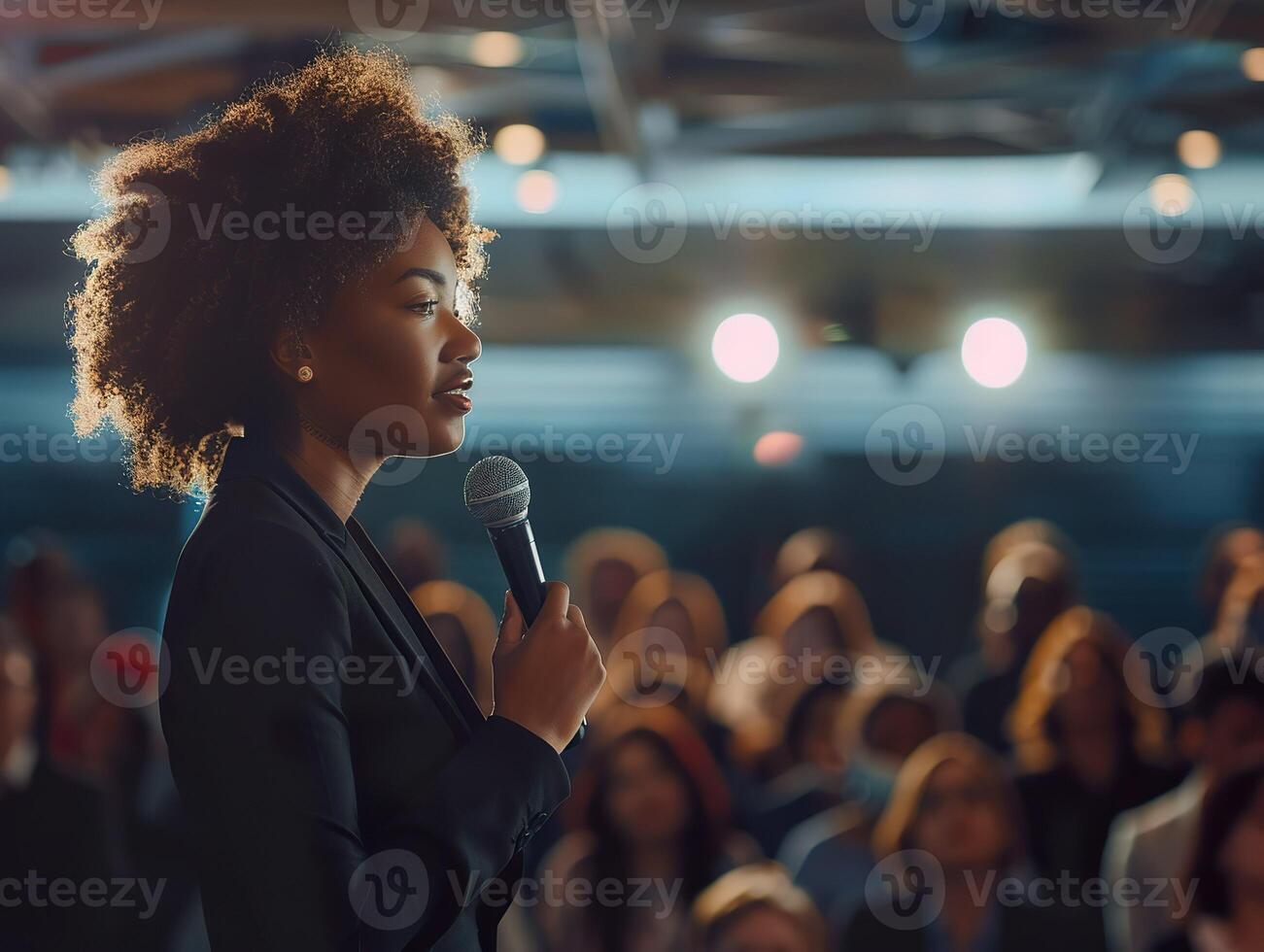 A woman stands on stage with a microphone in front of a crowd of people photo