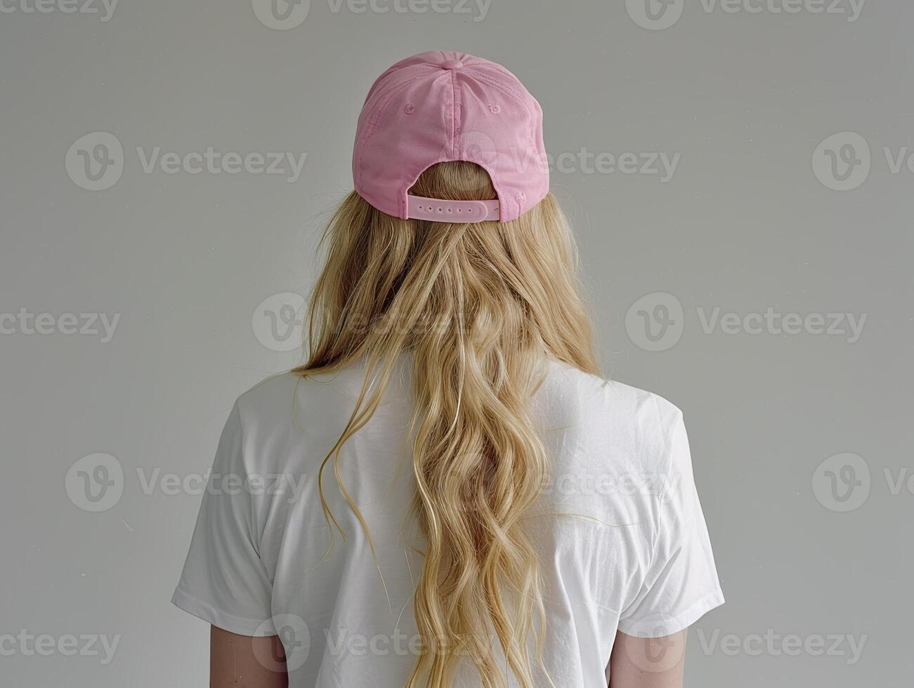 Back view of a woman wearing a pink baseball cap, long blonde hair and white t-shirt photo