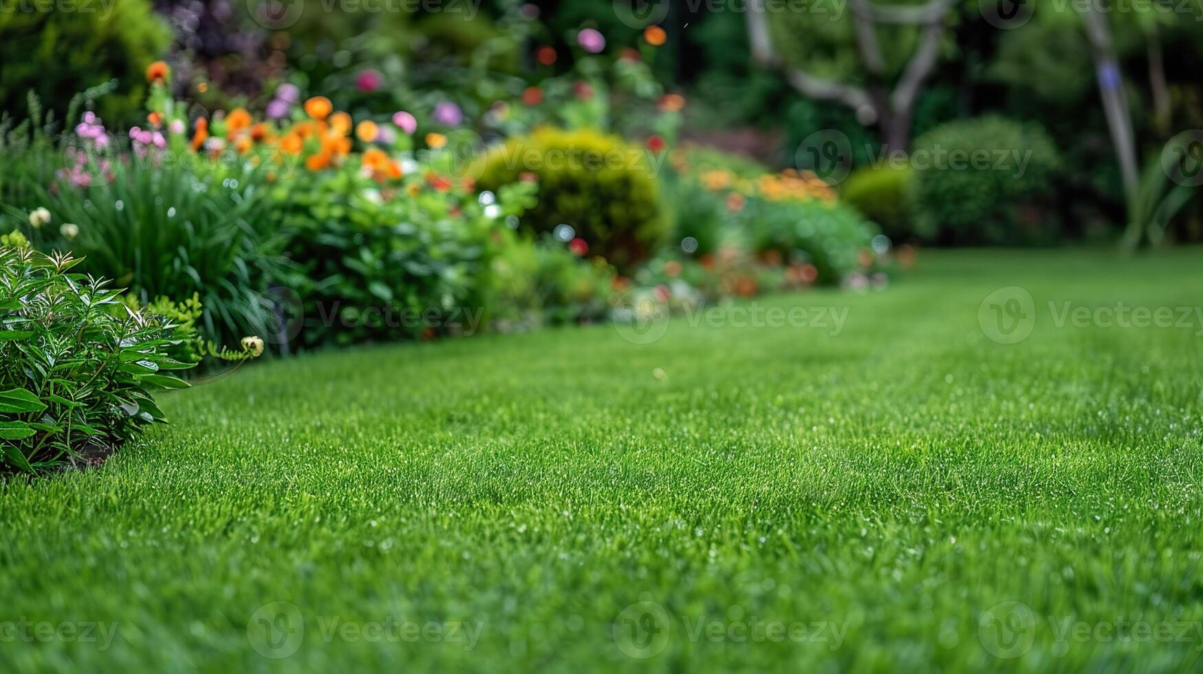 A lush green lawn with a flower garden bordering it photo