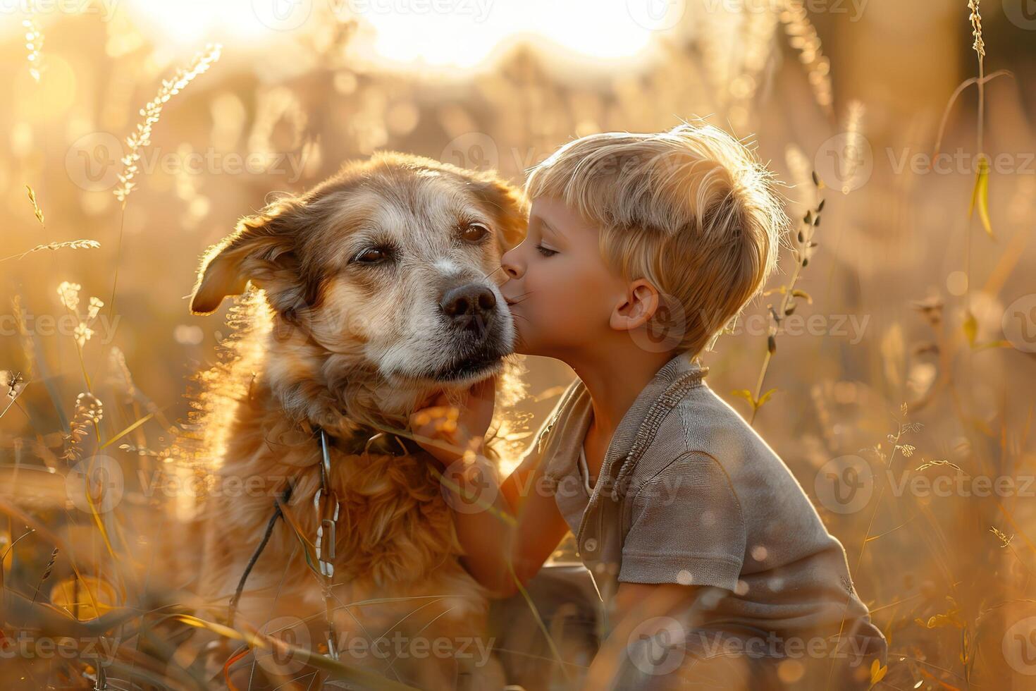 A young boy is hugging a dog in a field photo