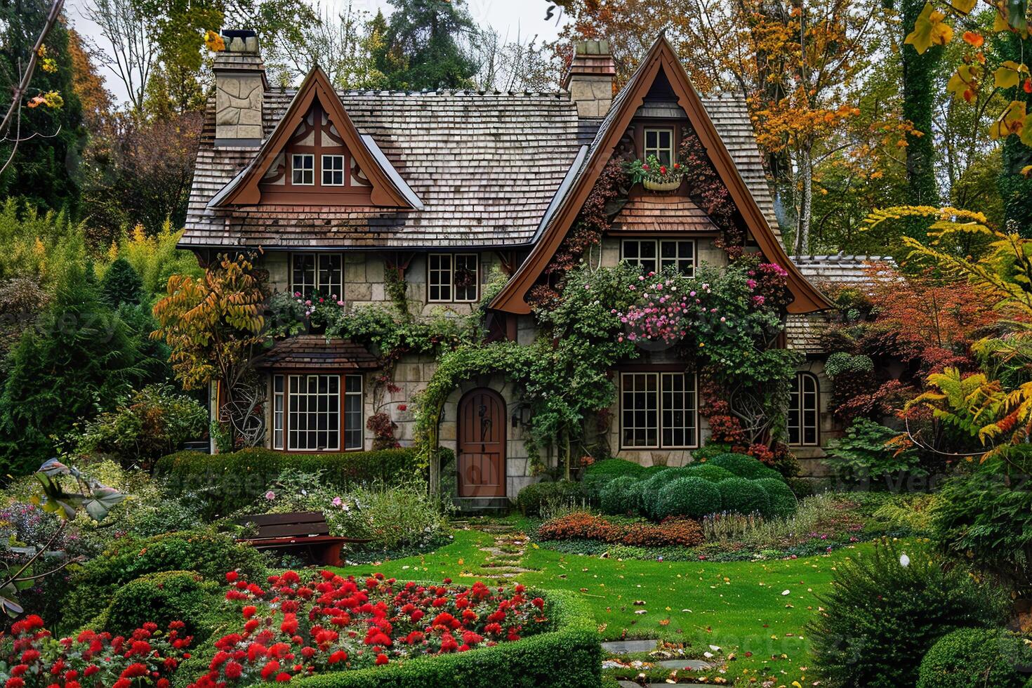 A large house with a garden in front of it photo