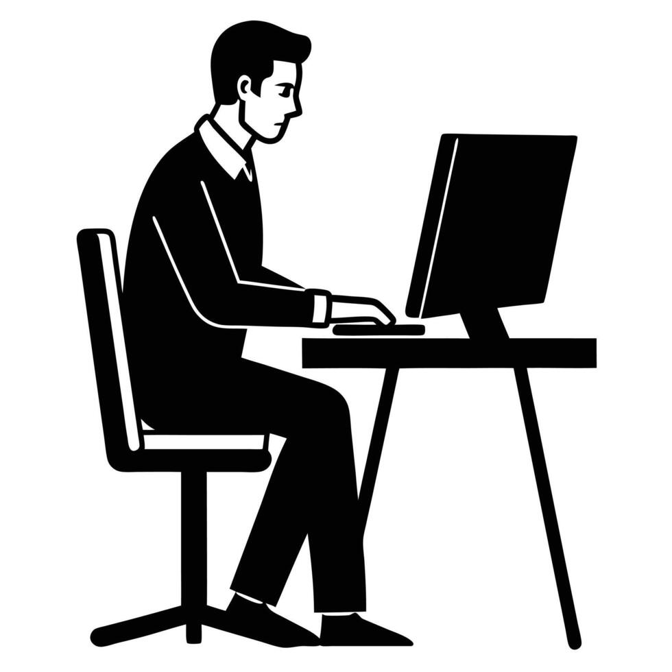 A man working in front of computer silhouette, white background vector