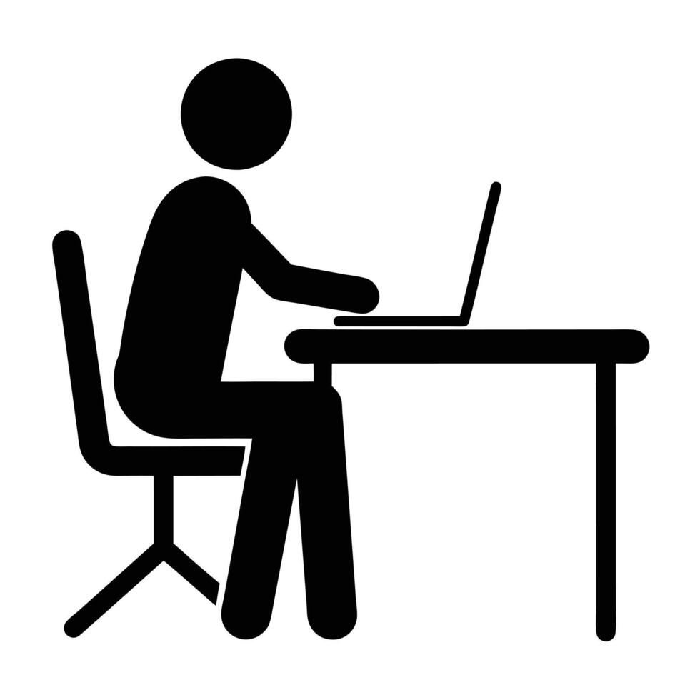 A stick figure working on laptop silhouette white background vector