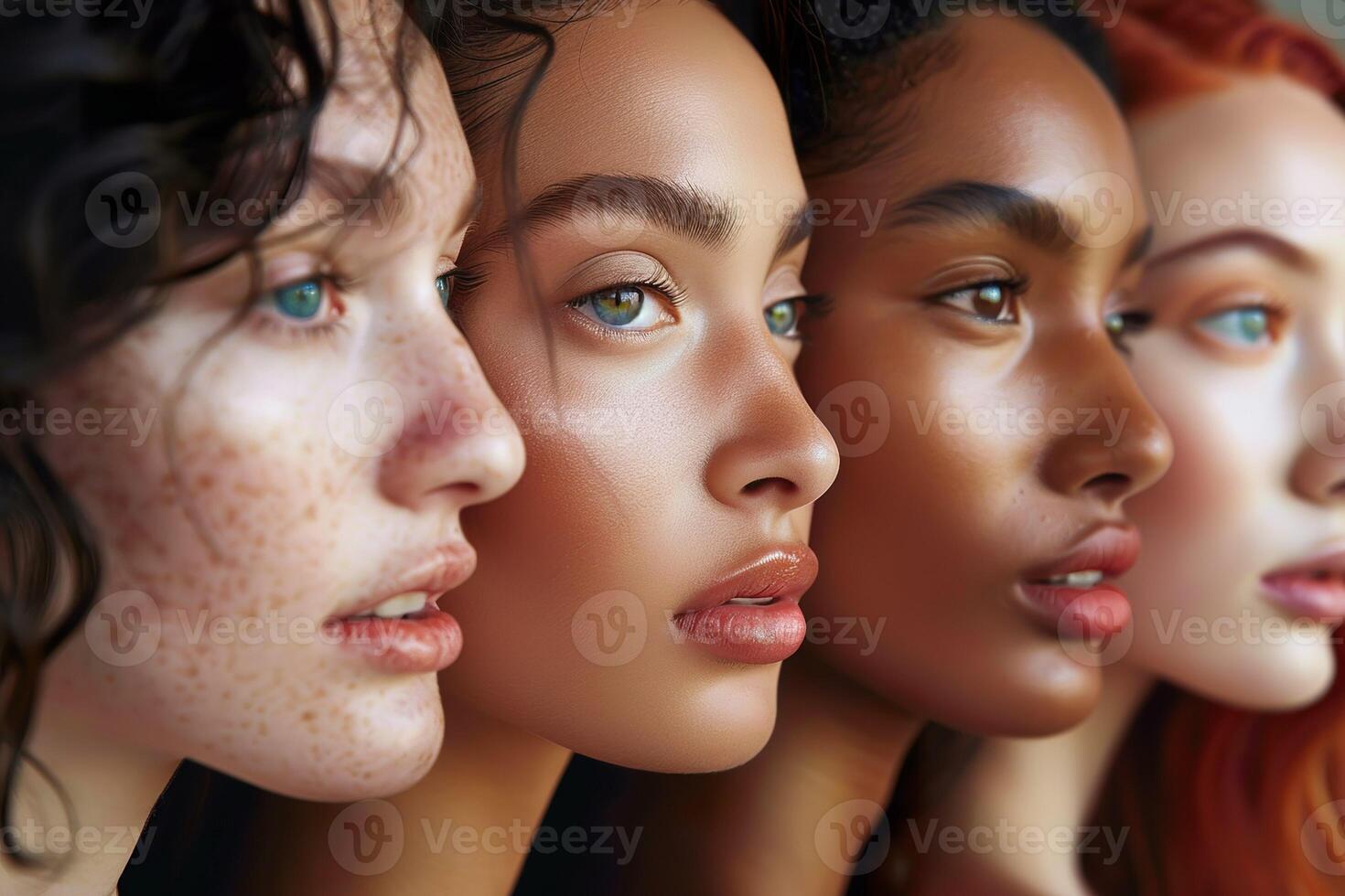Four women with different skin tones and hair styles are shown in a row photo