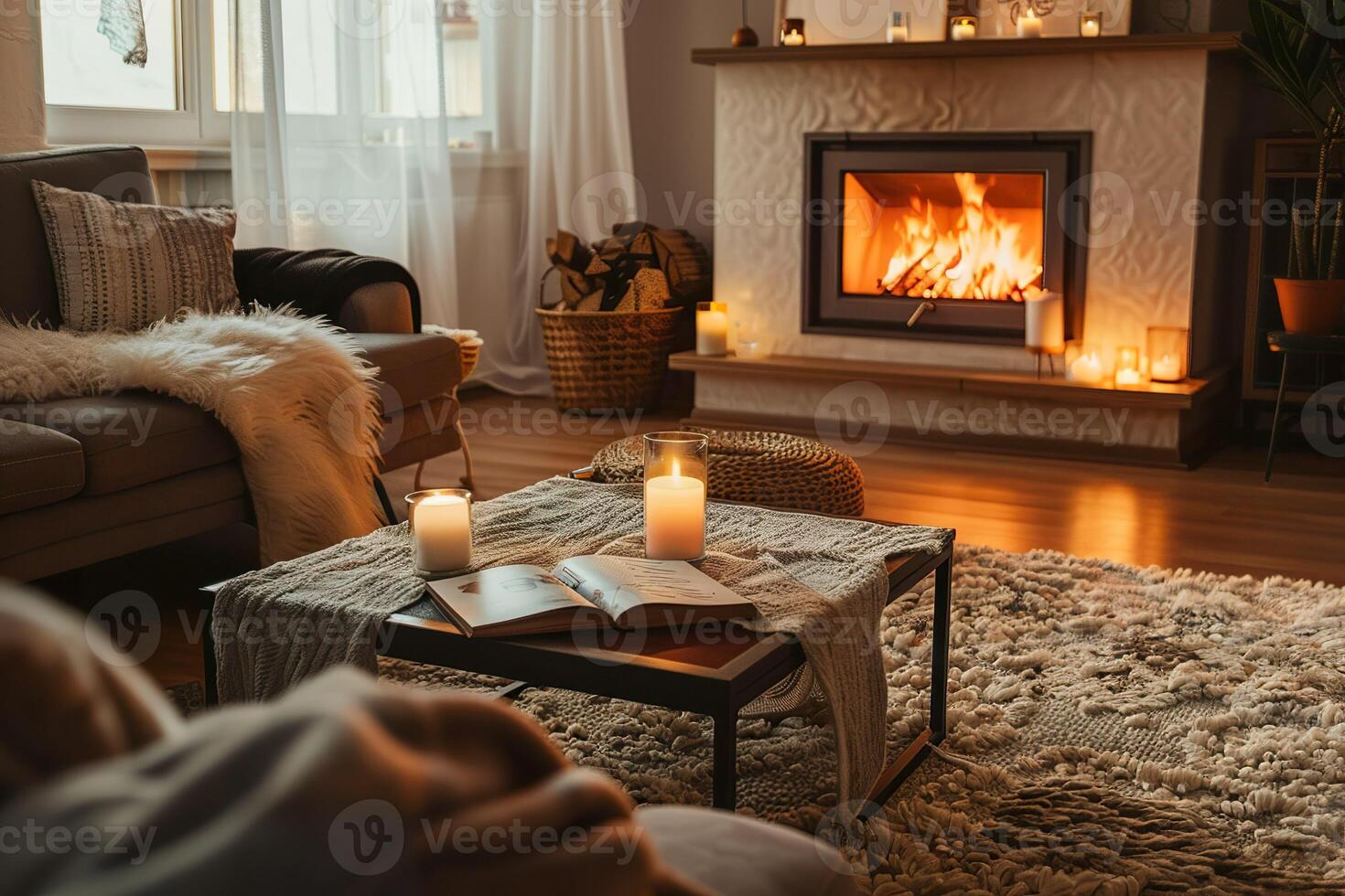 A cozy living room with a fireplace and a book on a coffee table photo