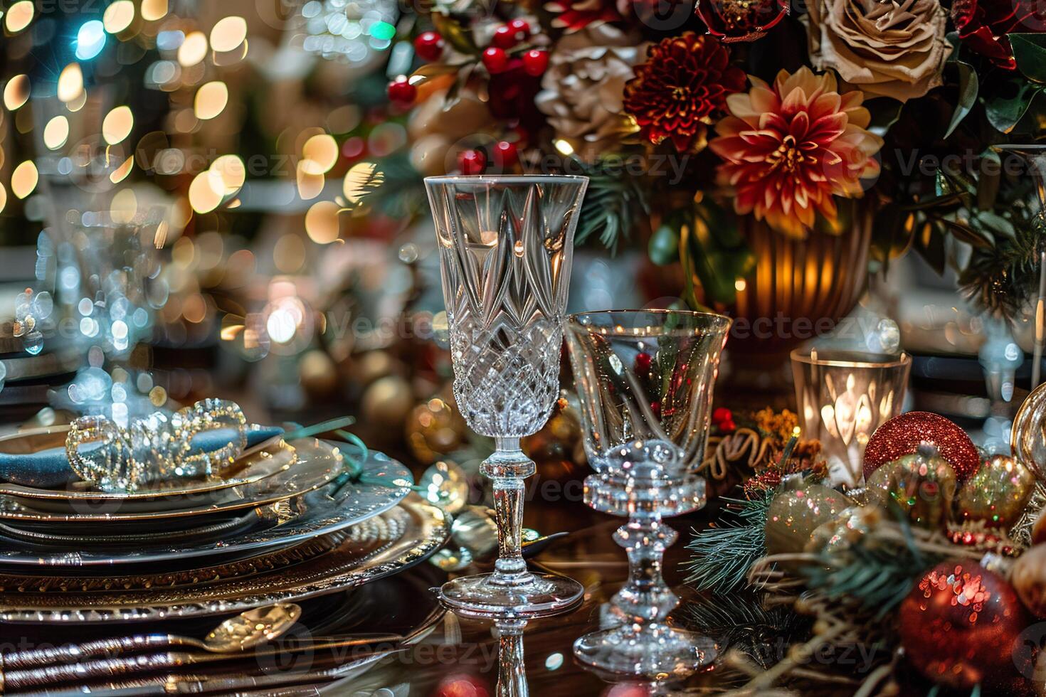 A table with a Christmas dinner setting with a vase of flowers photo