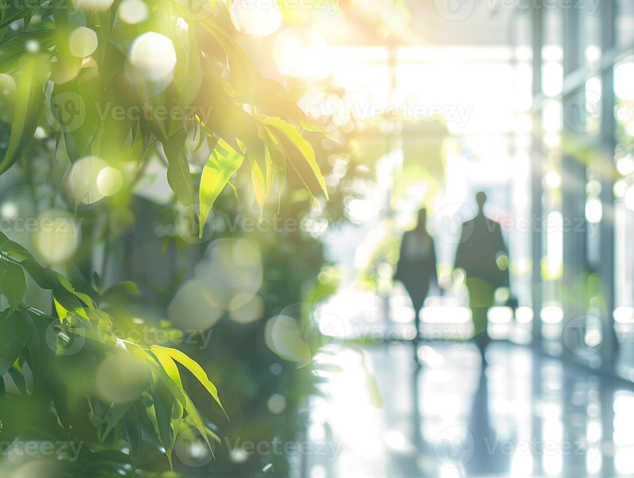 A couple walking in a hallway with a tree in the background photo