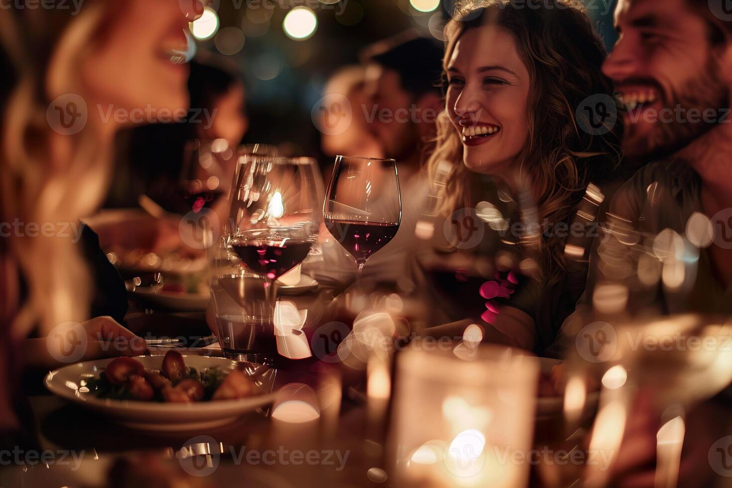 A group of people are sitting around a table with wine glasses photo